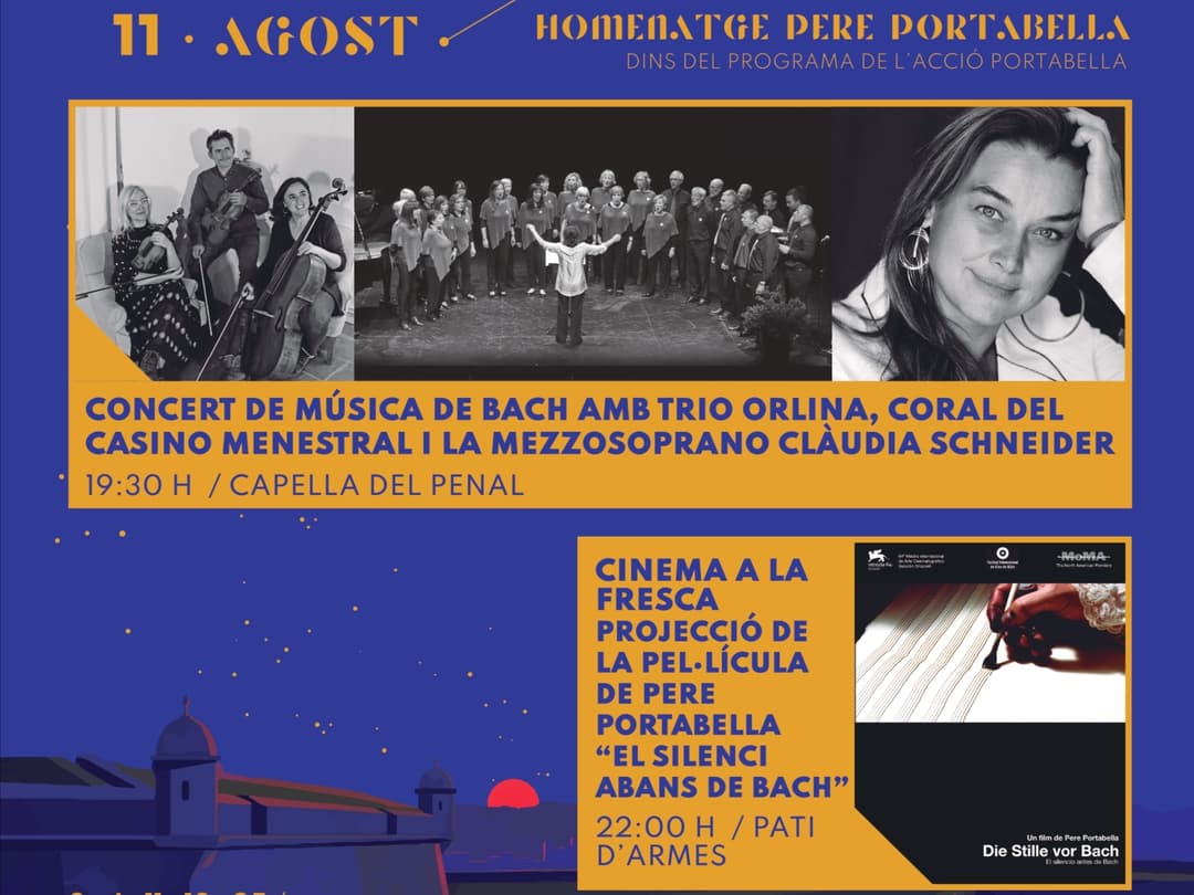 CONCERT DE MÚSICA DE BACH AMB TRIO ORLINA, CORAL DEL CASINO MENESTRAL I LA MEZZOSOPRANO CLÀUDIA SCHNEIDER CINEMA A LA FRESCA "EL SILENCI ABANS DE BACH"