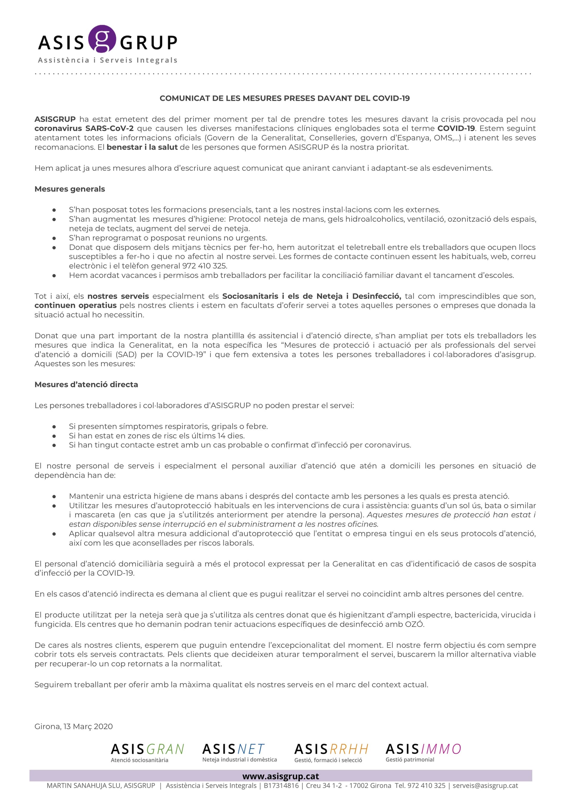 COMUNICAT DE LES MESURES PRESES DAVANT DEL COVID-19